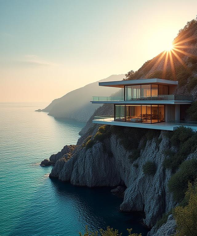 Vista aérea de una villa de lujo en la costa escarpada