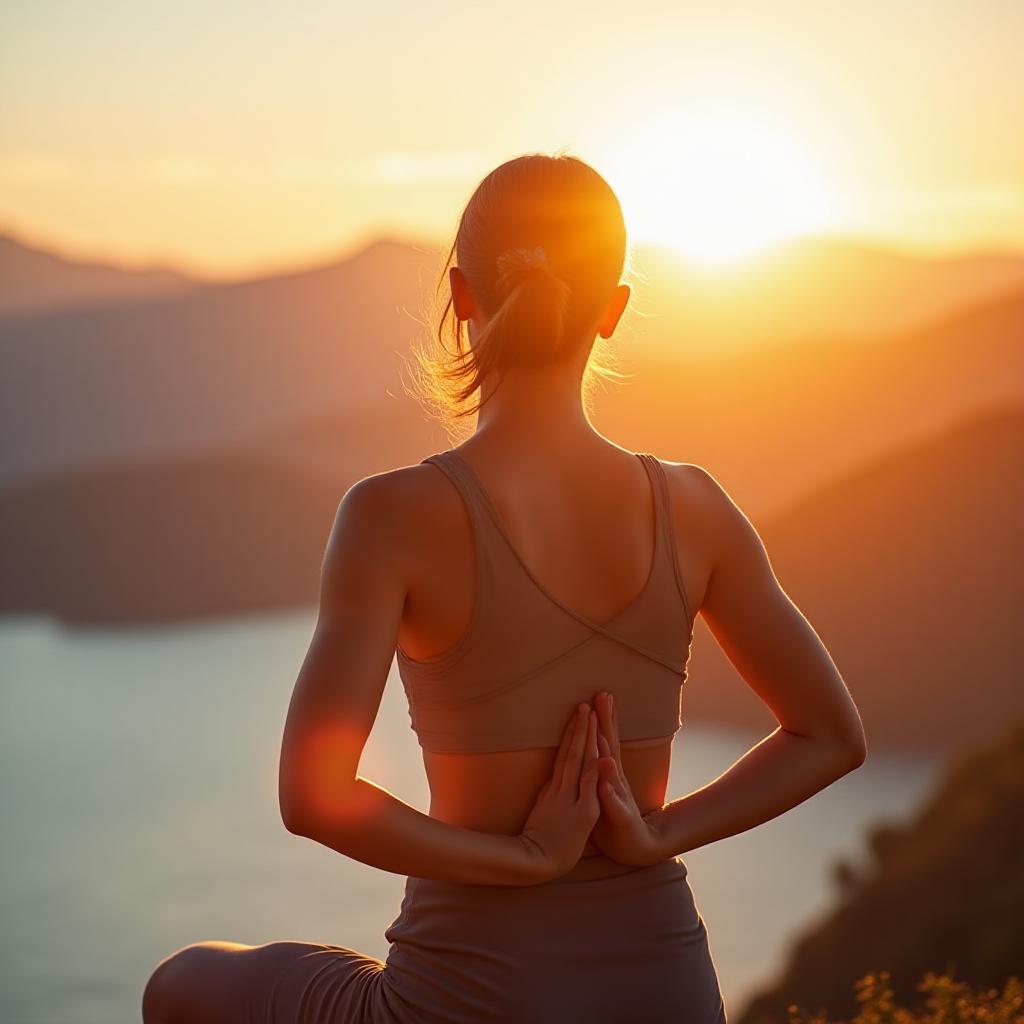 Mujer practicando yoga al amanecer en un retiro de lujo